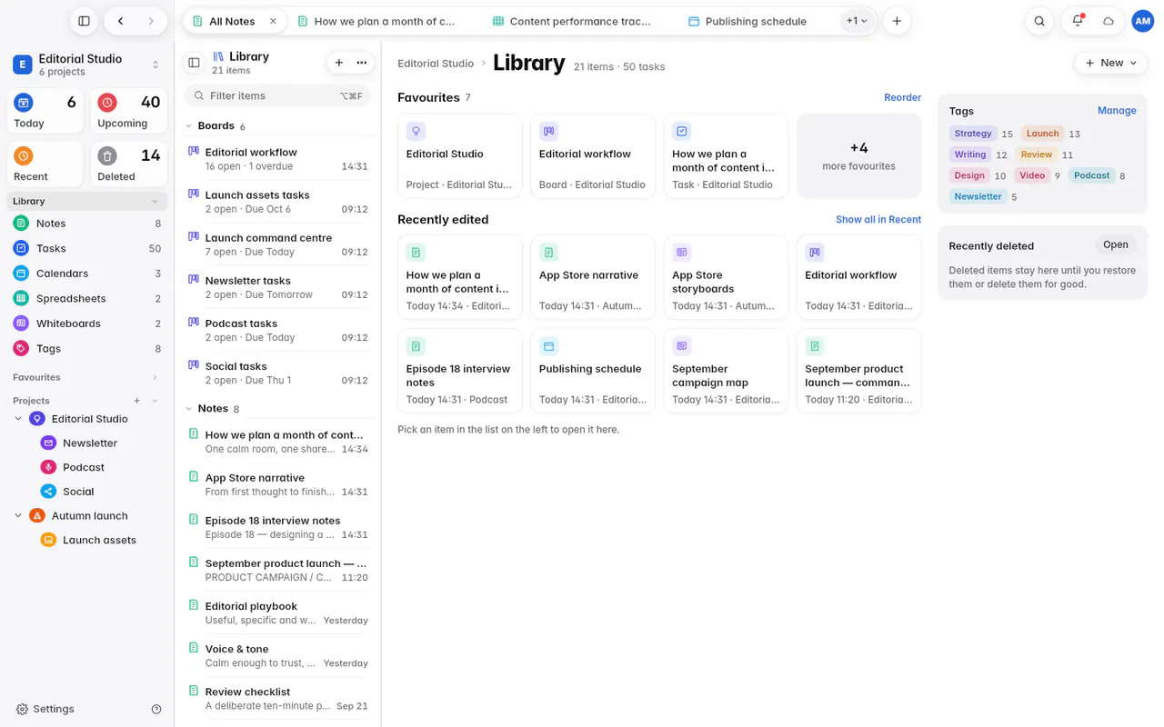 The Library with tiles for each kind of item, favourites and recently edited items (the web app)