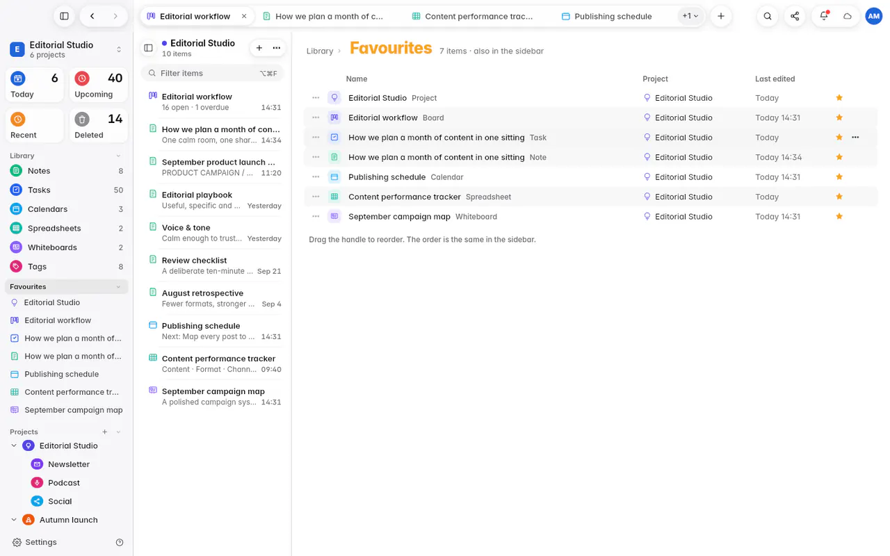 The Favourites list with a project, a board, a task, a note, a calendar, a spreadsheet and a whiteboard (the web app)