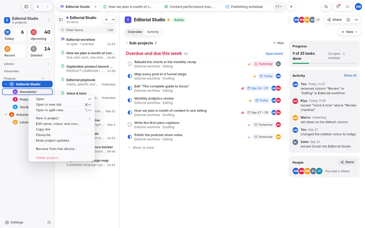 A project's menu with Open, New in project, Edit name, colour and icon, Copy link and Delete project (the web app)
