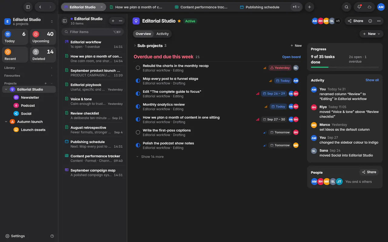 A project page with its progress, its folded Sub-projects section and the tasks due this week (the web app)