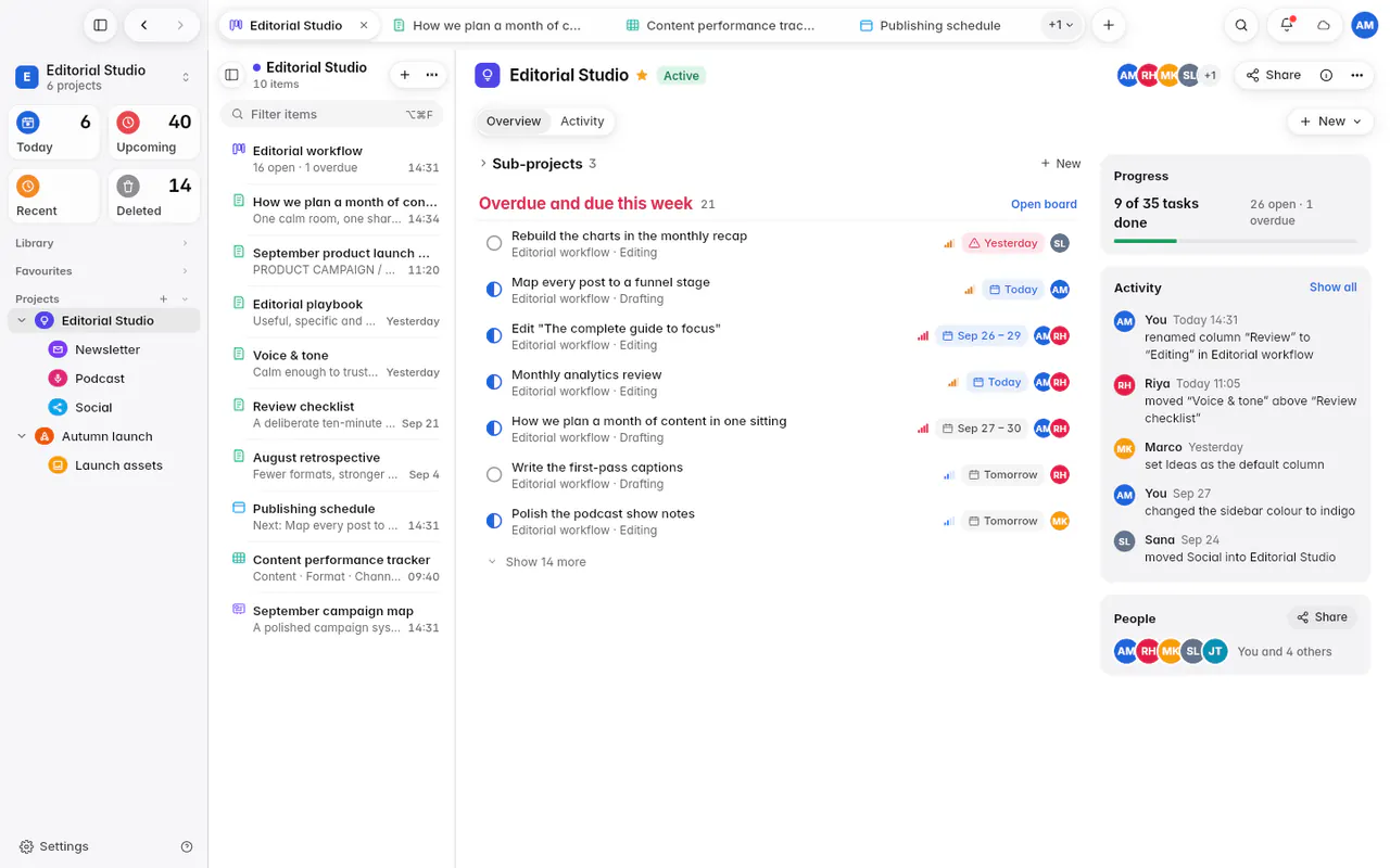 A project page with its progress, its folded Sub-projects section and the tasks due this week (the web app)