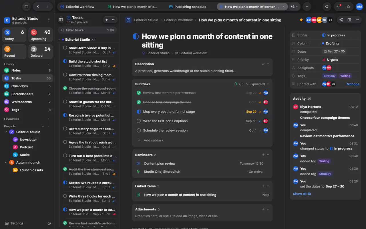 All tasks grouped by project, with their dates, tags and people (the web app)