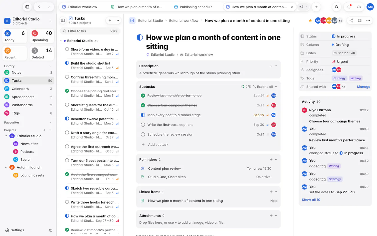 All tasks grouped by project, with their dates, tags and people (the web app)
