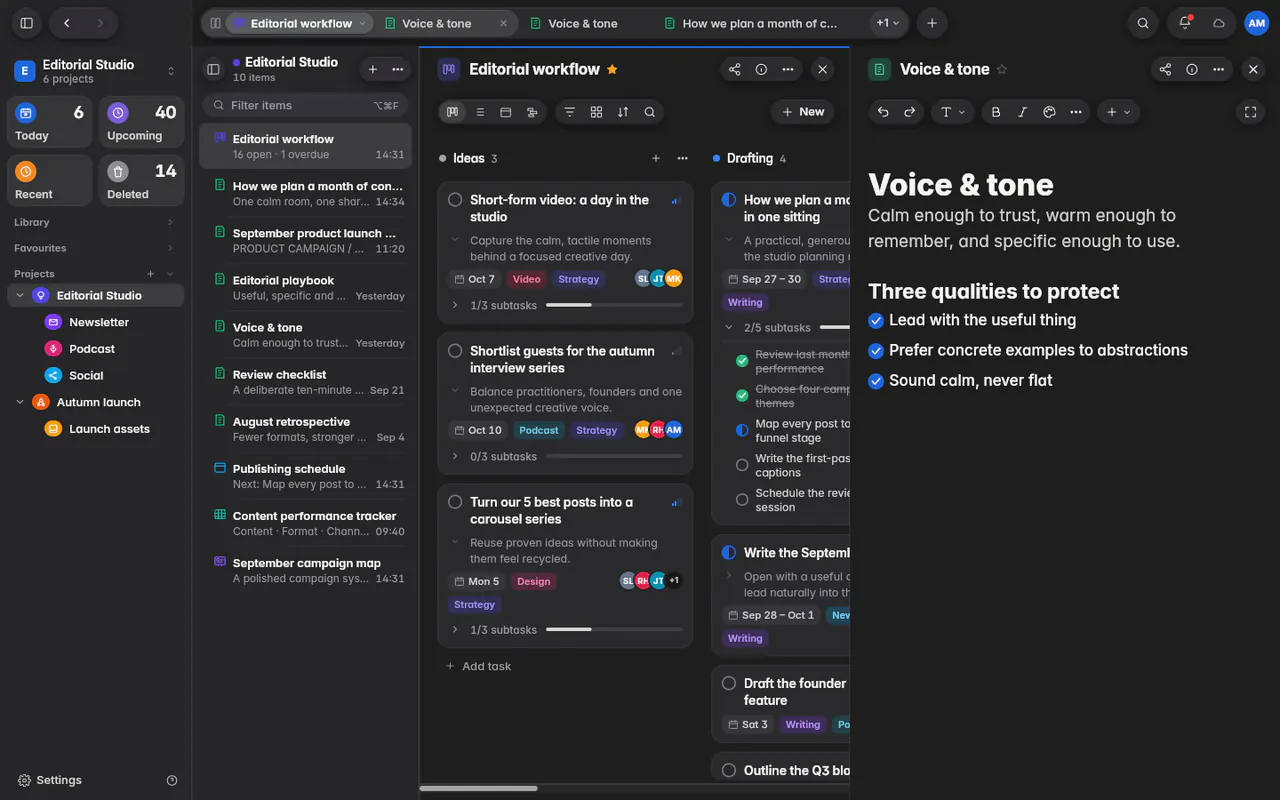 A board and a note side by side in split view, each pane with its own header (the web app)