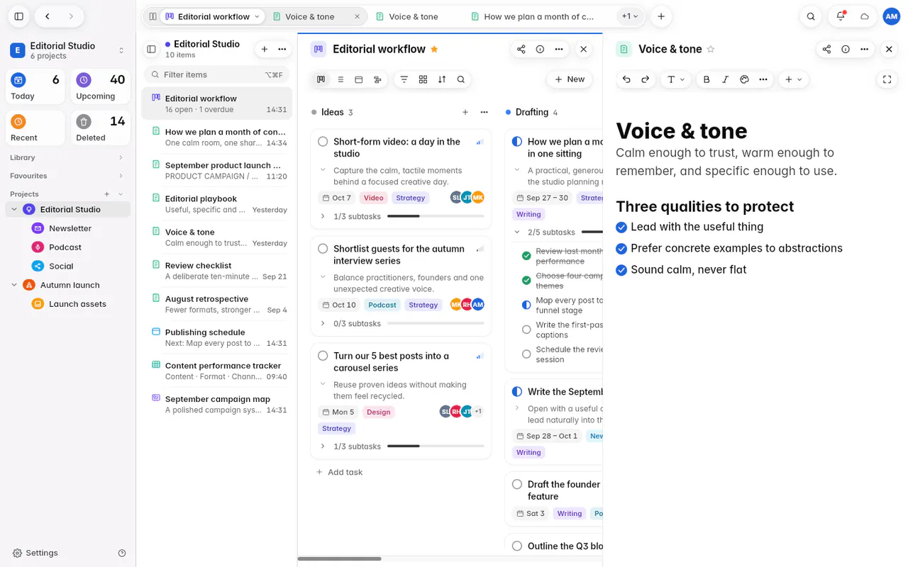 A board and a note side by side in split view, each pane with its own header (the web app)