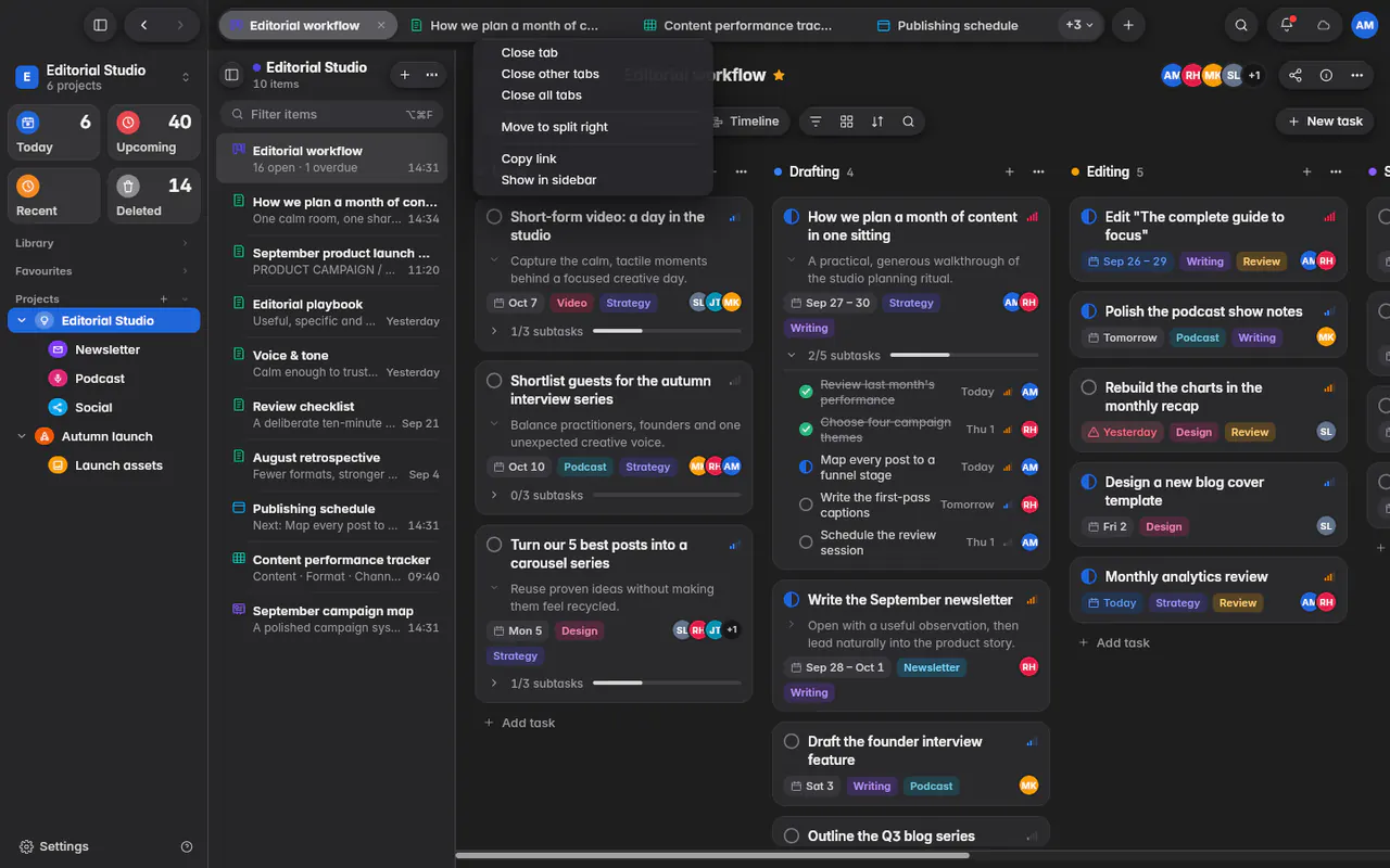 A tab's menu with Close tab, Close other tabs, Close all tabs, Move to split right, Copy link and Show in sidebar (the web app)
