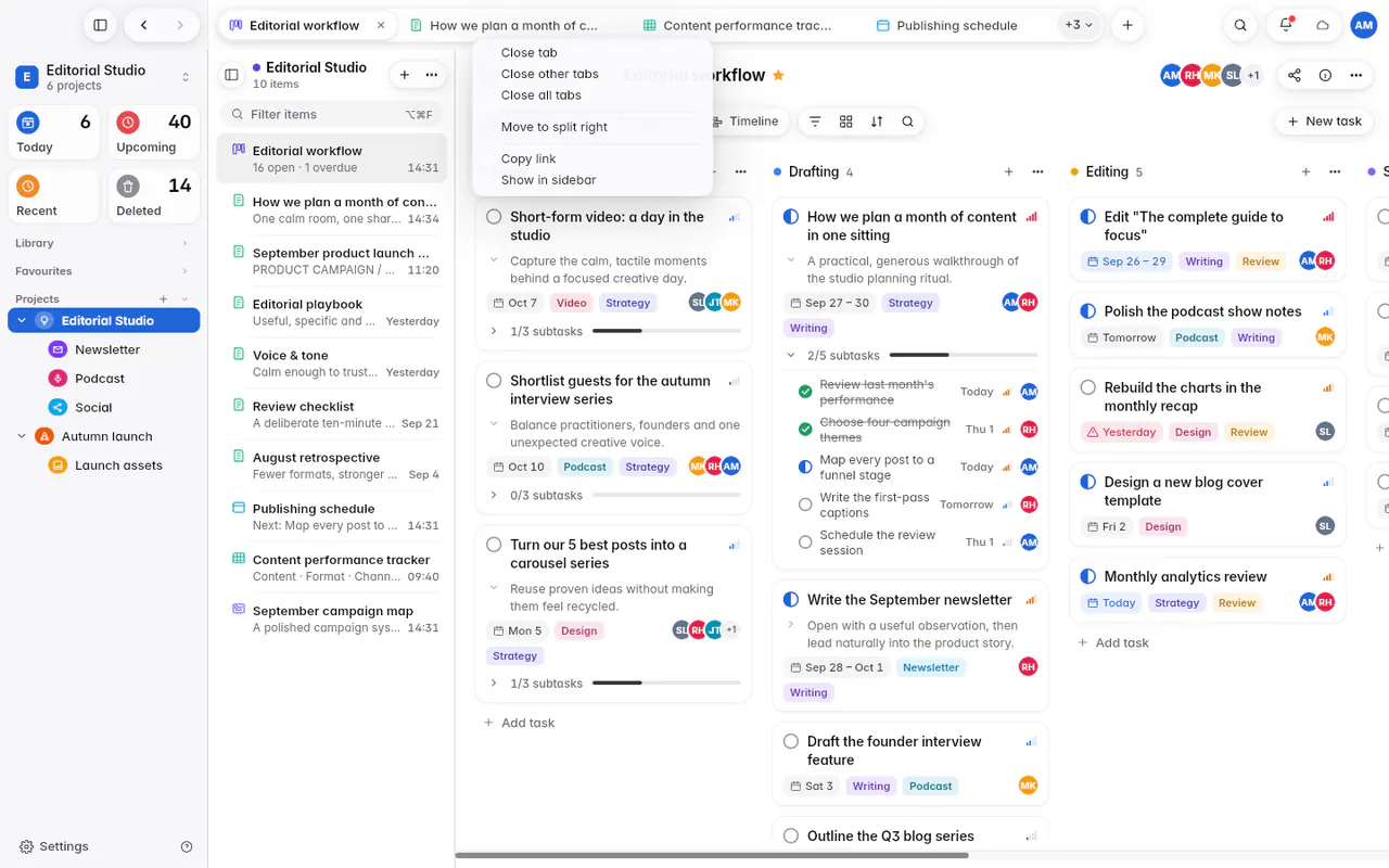 A tab's menu with Close tab, Close other tabs, Close all tabs, Move to split right, Copy link and Show in sidebar (the web app)