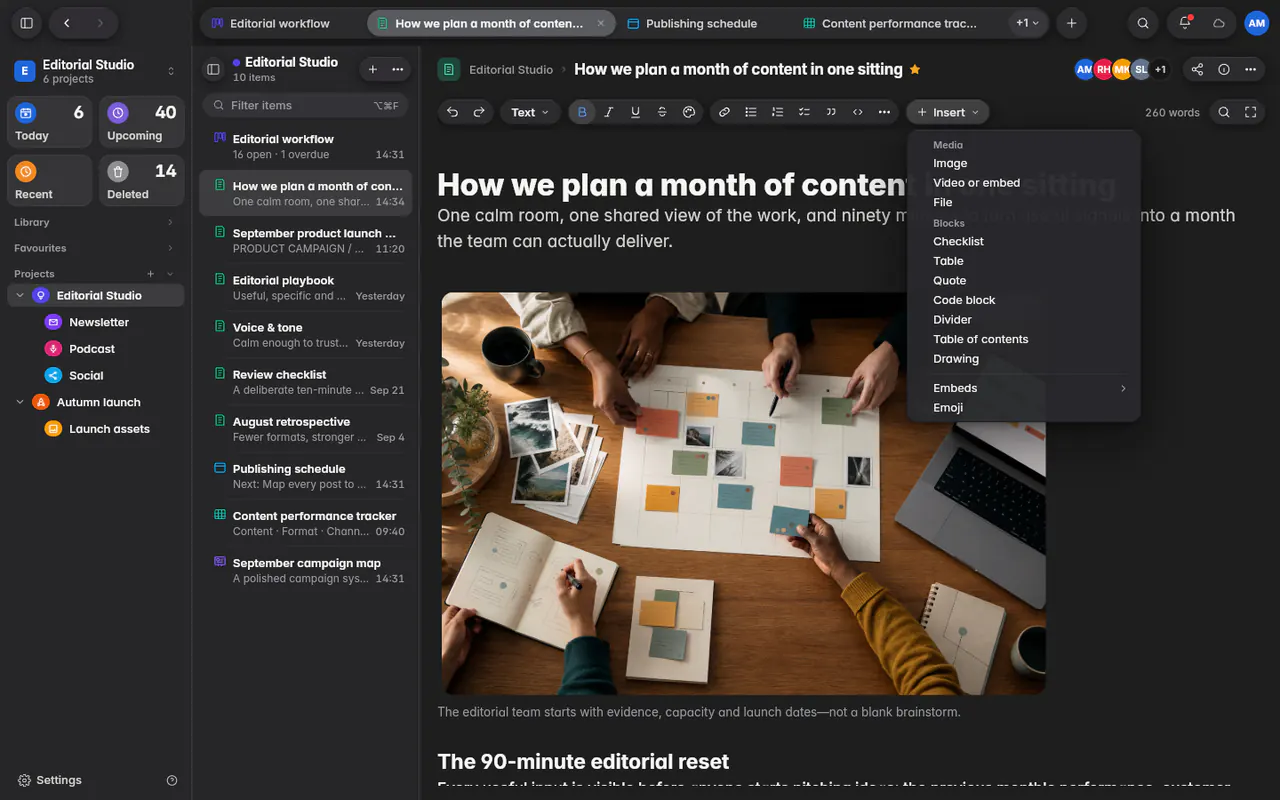 A note's Insert menu with media, blocks, embeds and emoji (the web app)