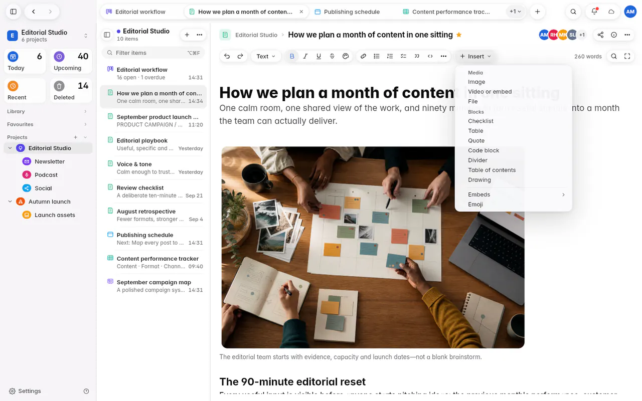 A note's Insert menu with media, blocks, embeds and emoji (the web app)