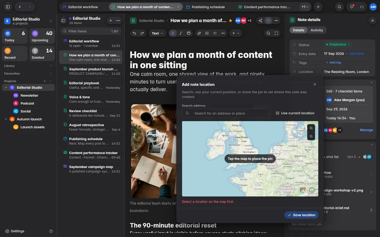 The note location editor with an address search, a map with a pin and Save location (the web app)