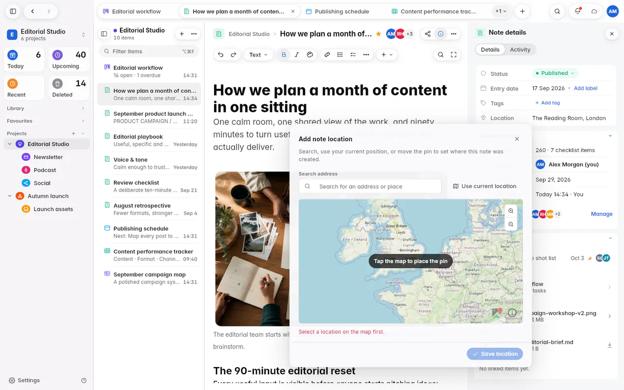 The note location editor with an address search, a map with a pin and Save location (the web app)