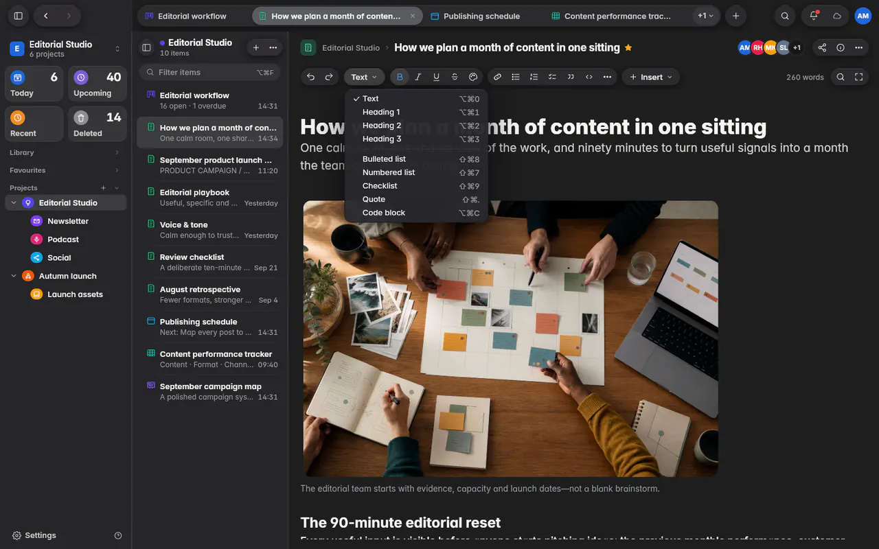 The text style menu of a note, with the heading styles and the lists (the web app)