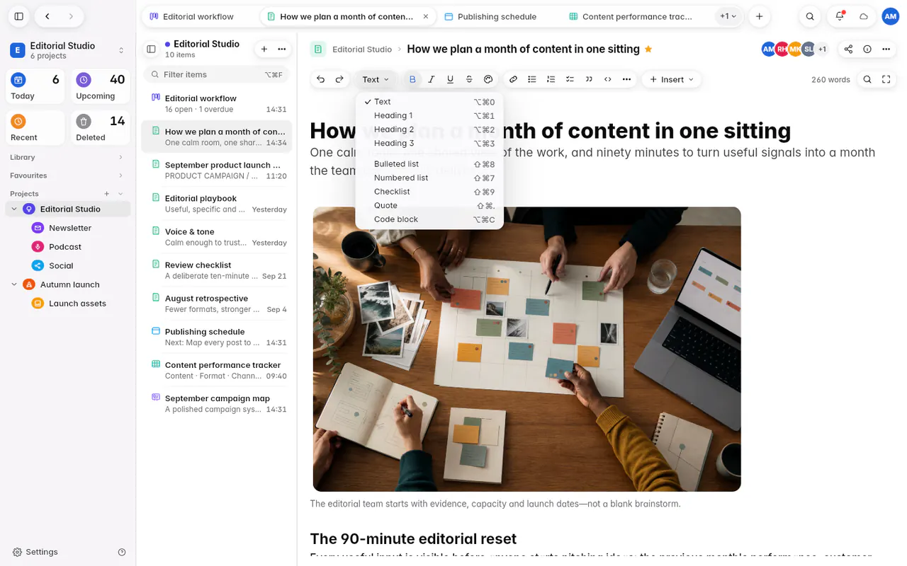 The text style menu of a note, with the heading styles and the lists (the web app)
