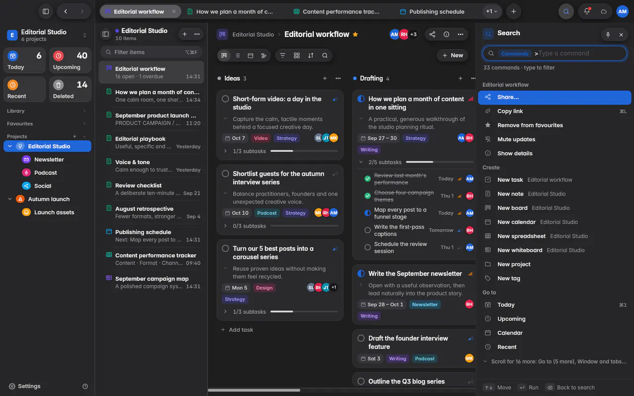 Search showing commands, grouped into the open item, create, go to and window (the web app)