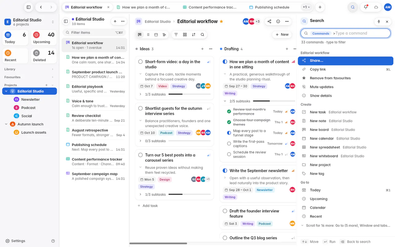 Search showing commands, grouped into the open item, create, go to and window (the web app)