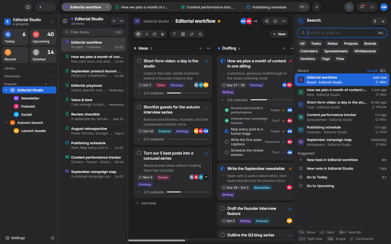 Search before typing, with recent items and suggested actions (the web app)