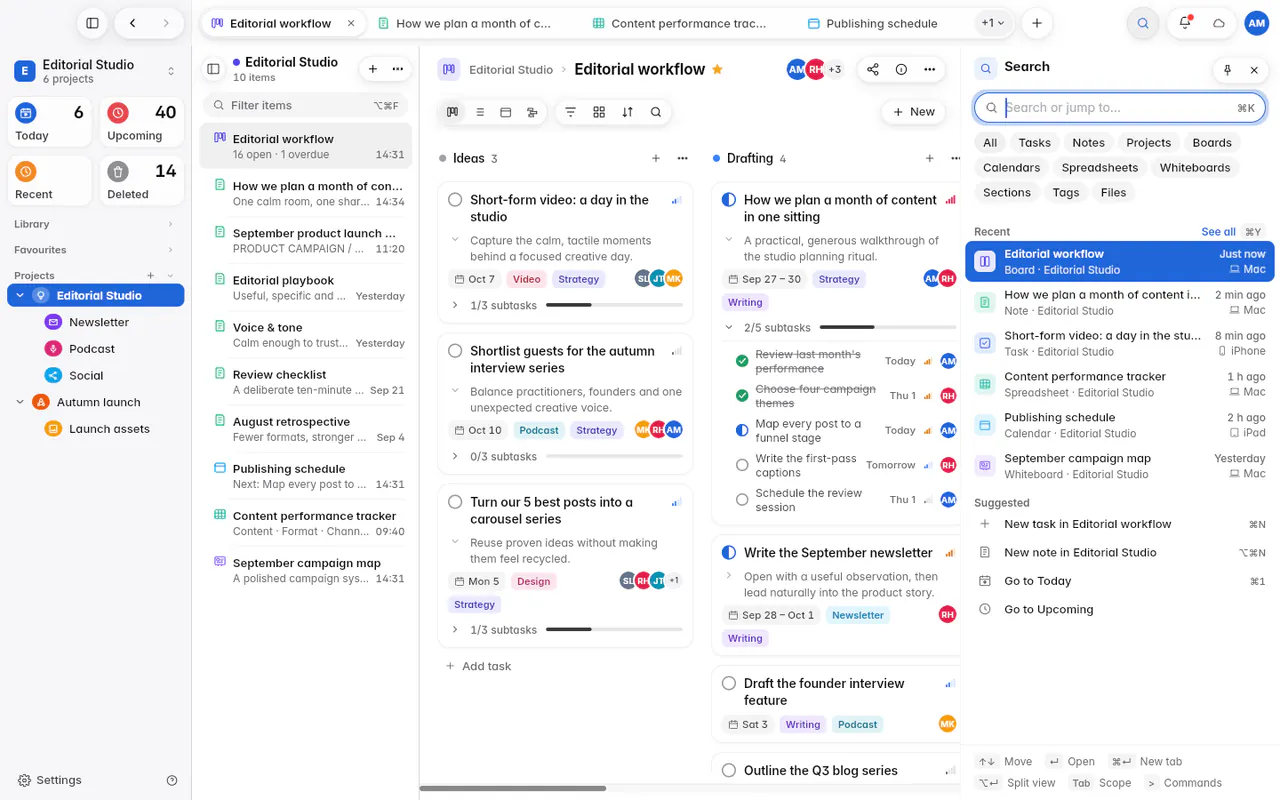Search before typing, with recent items and suggested actions (the web app)