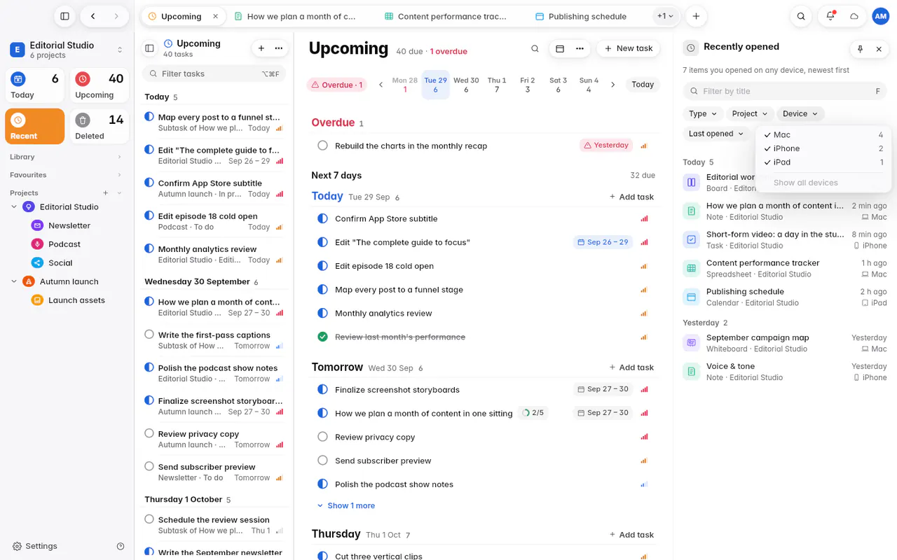 Recently opened, with filters for type, project, device and when each item was last opened (the web app)