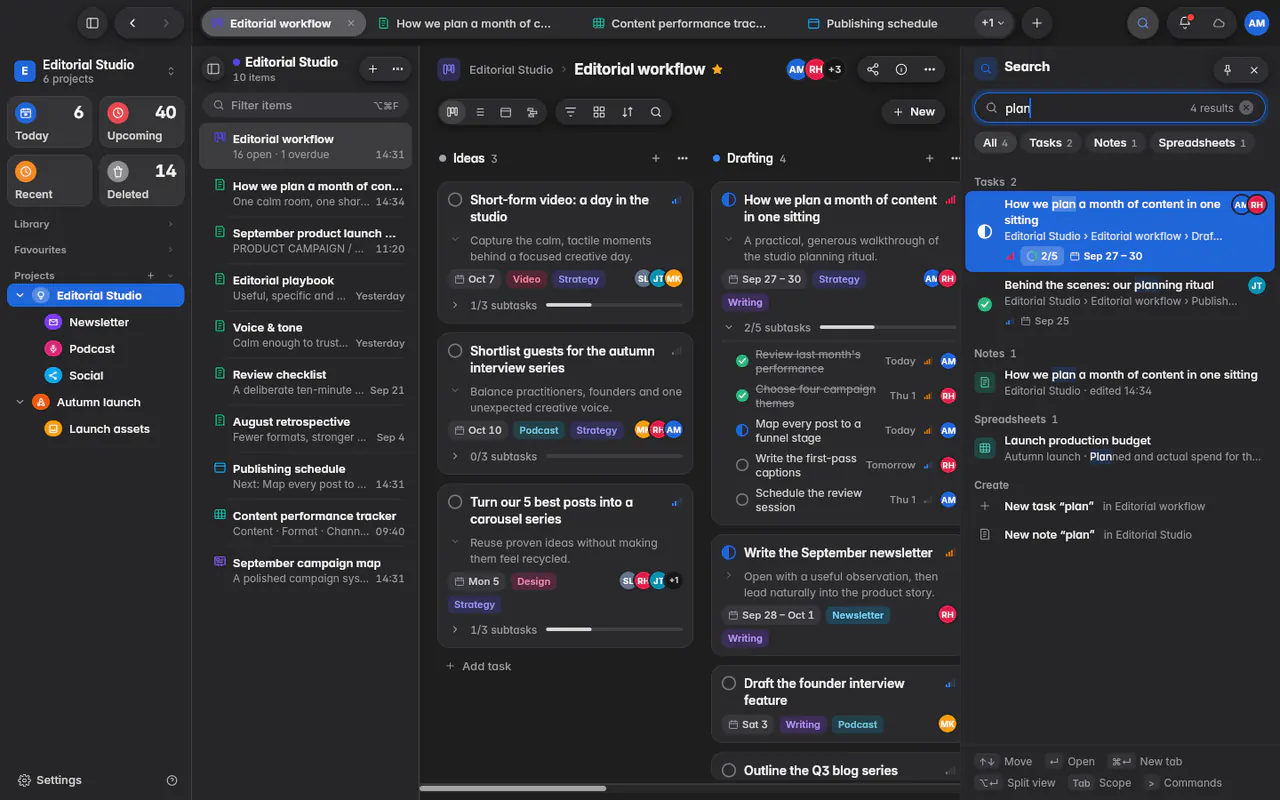 Search results for a word, grouped into tasks, notes and spreadsheets (the web app)