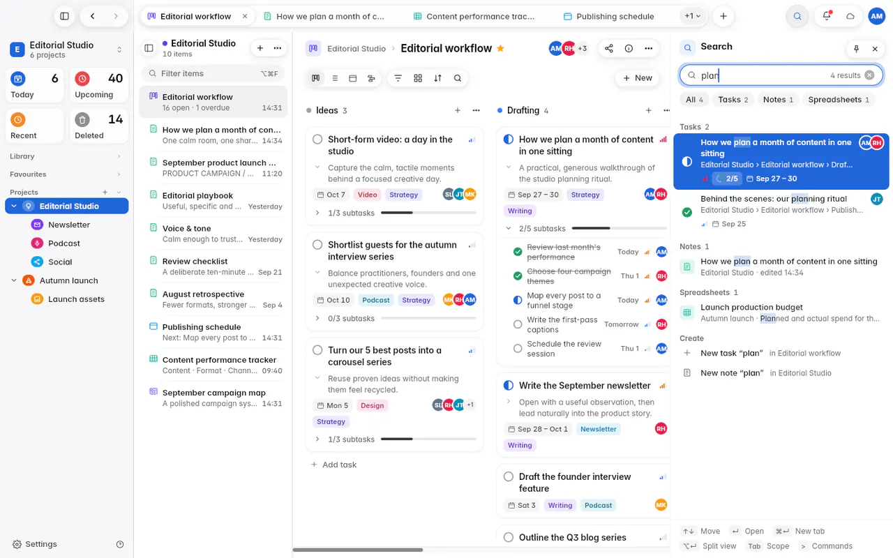 Search results for a word, grouped into tasks, notes and spreadsheets (the web app)