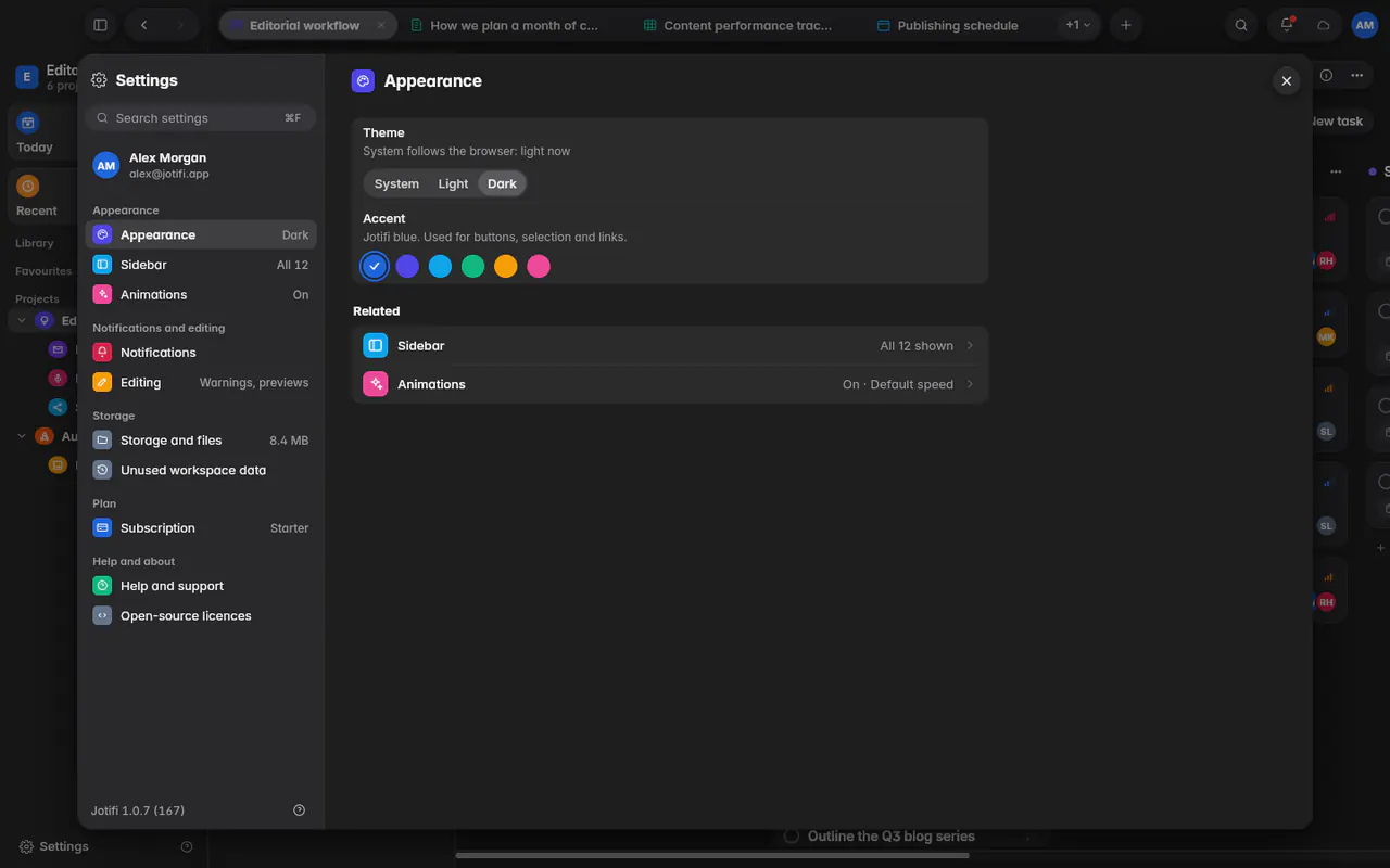 Appearance settings with the theme set to System and the six accent colours (the web app)