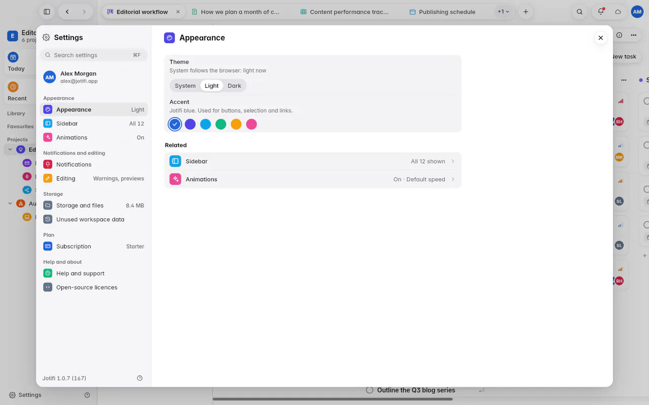 Appearance settings with the theme set to System and the six accent colours (the web app)