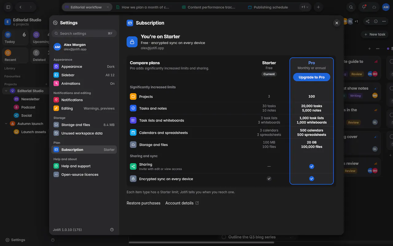 The Subscription page on Starter, with a comparison of the Starter and Pro plans and Upgrade to Pro (the web app)
