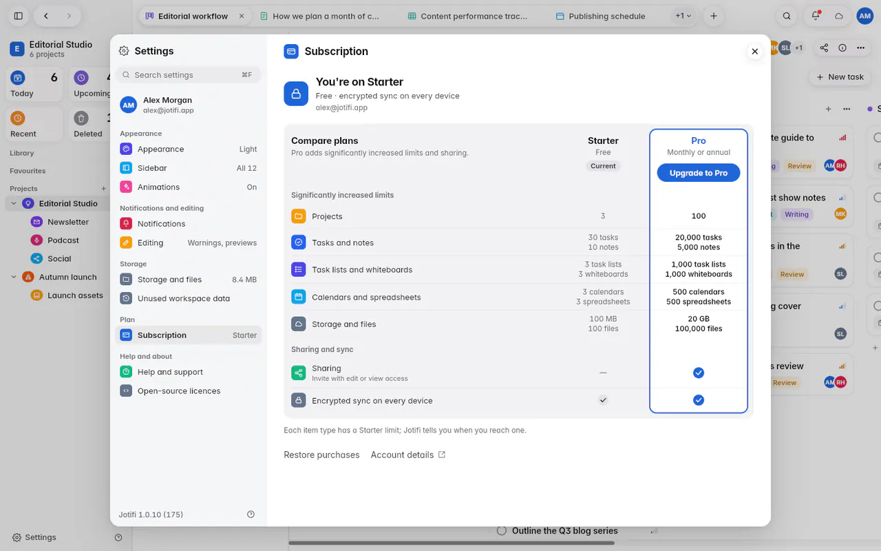 The Subscription page on Starter, with a comparison of the Starter and Pro plans and Upgrade to Pro (the web app)