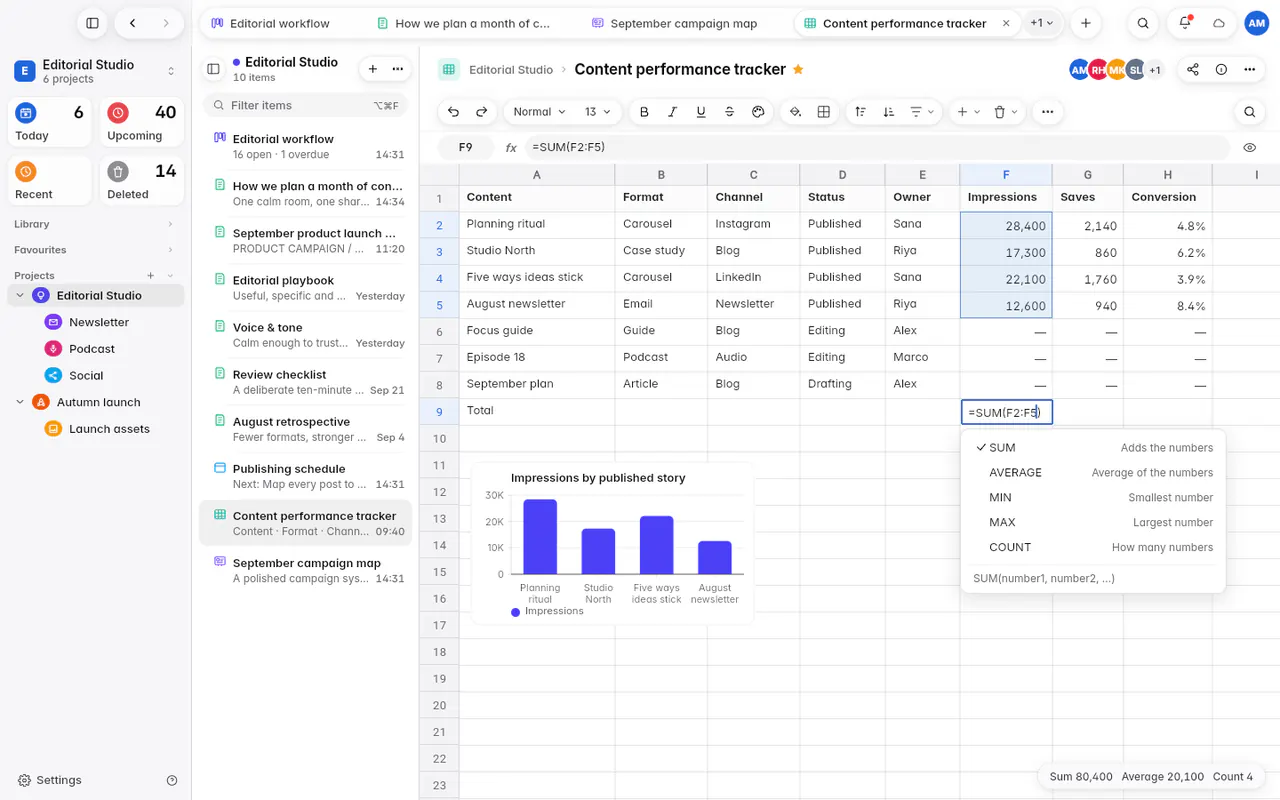 Editing a cell with a SUM formula, with the function buttons above the keyboard (the web app)