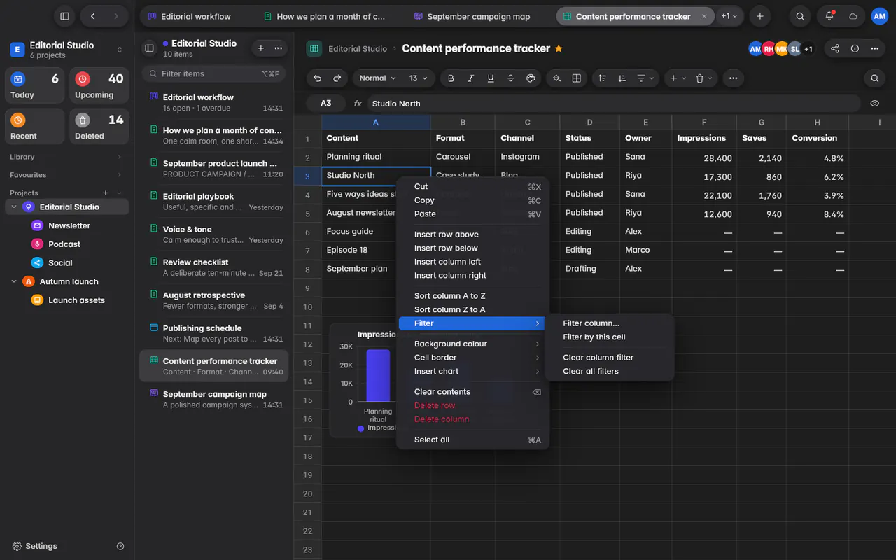 A cell's menu with clipboard, insert, sort, filter, format and delete options (the web app)