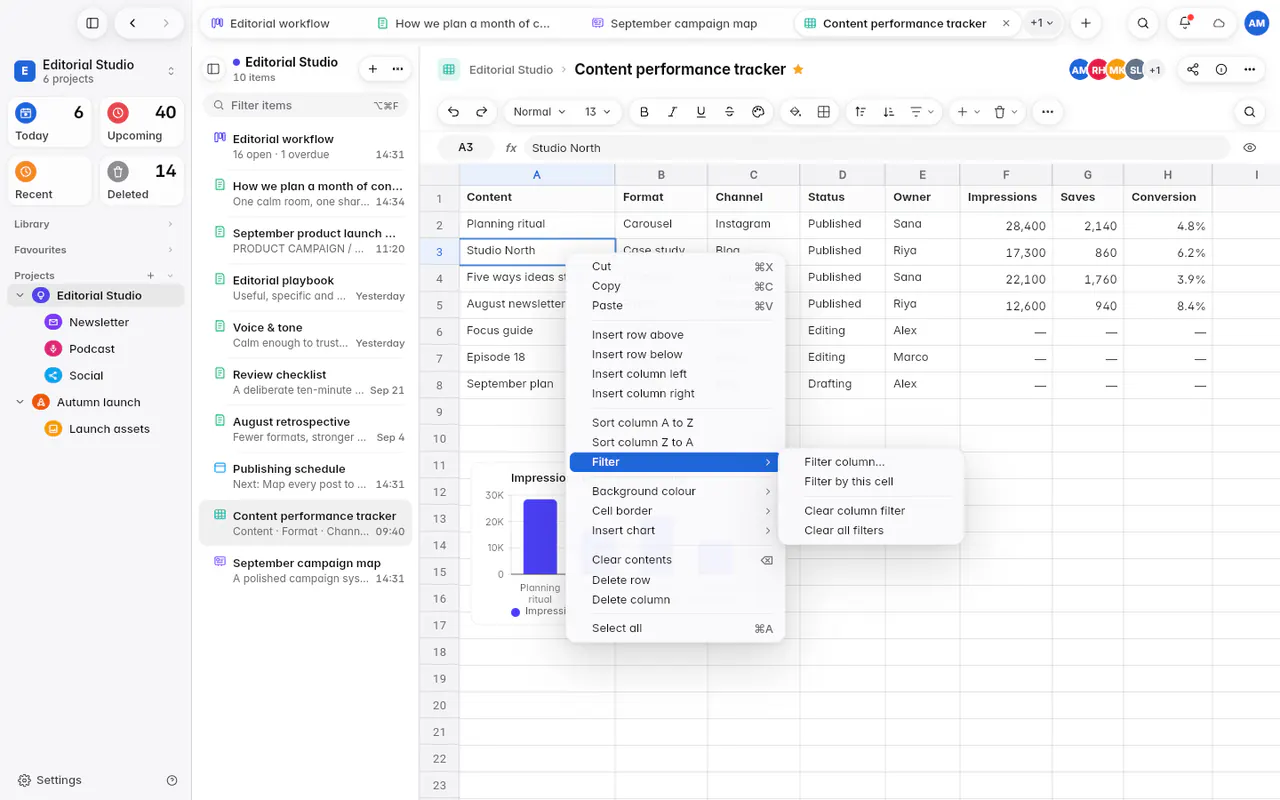 A cell's menu with clipboard, insert, sort, filter, format and delete options (the web app)