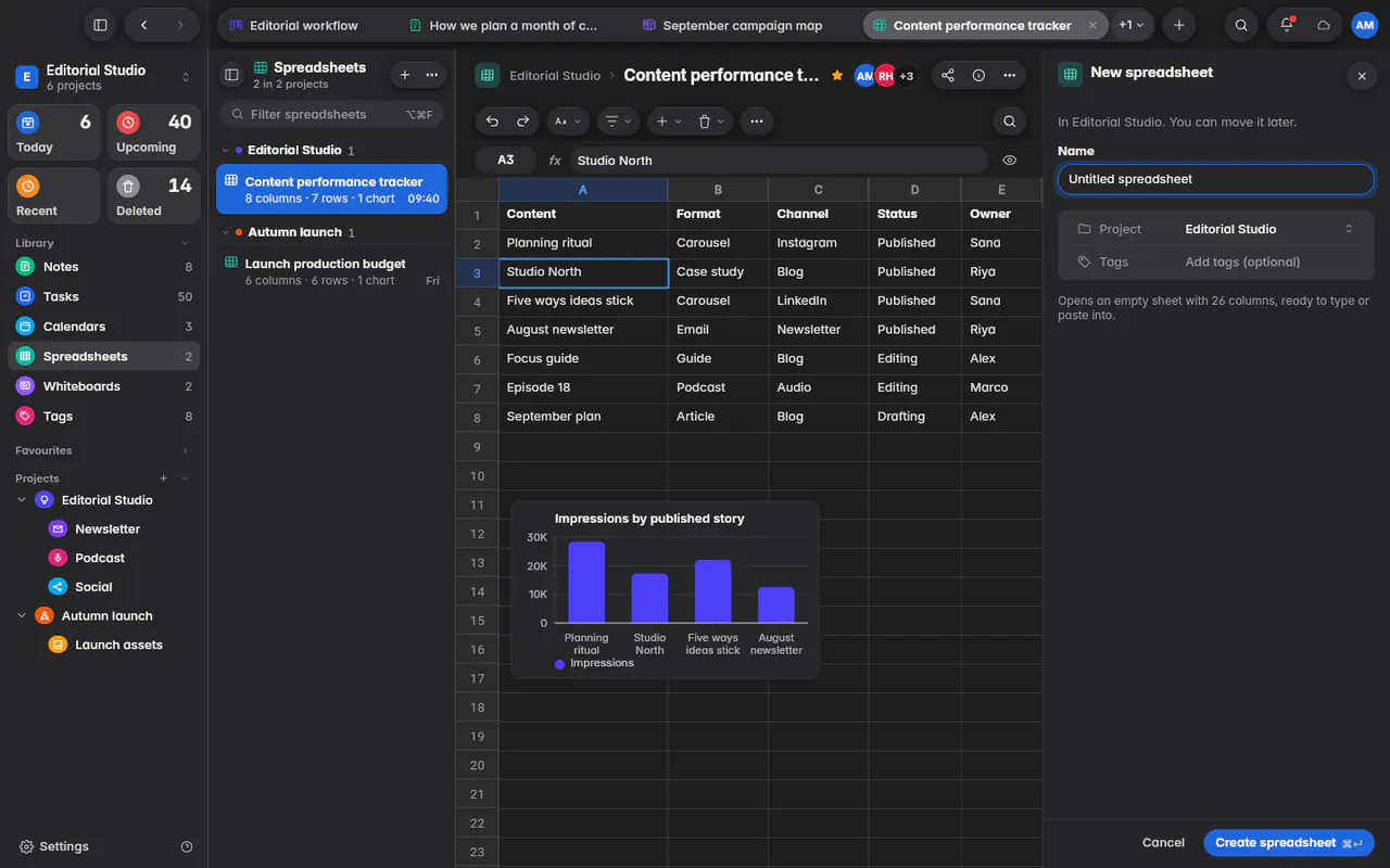 The New spreadsheet form with a name, the project and optional tags (the web app)