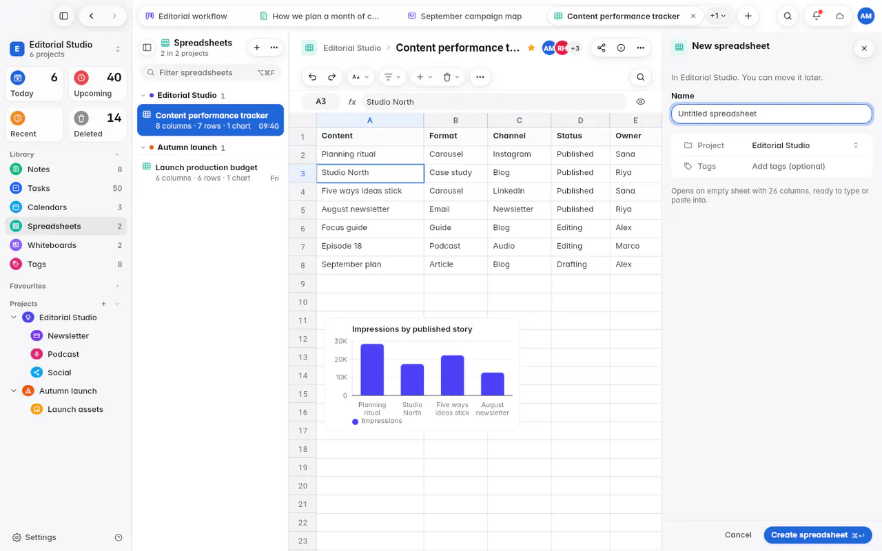 The New spreadsheet form with a name, the project and optional tags (the web app)
