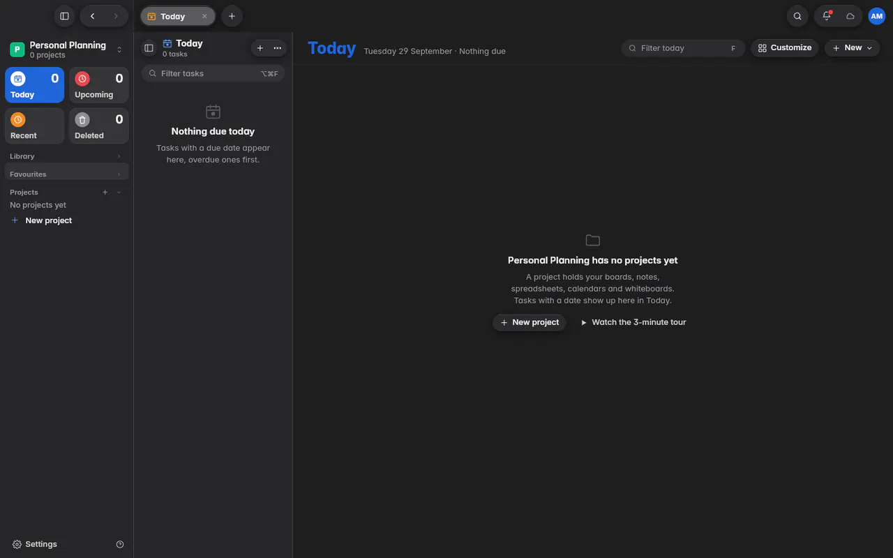 Today in a new workspace, saying it has no projects yet, with New project and Watch the tour (the web app)