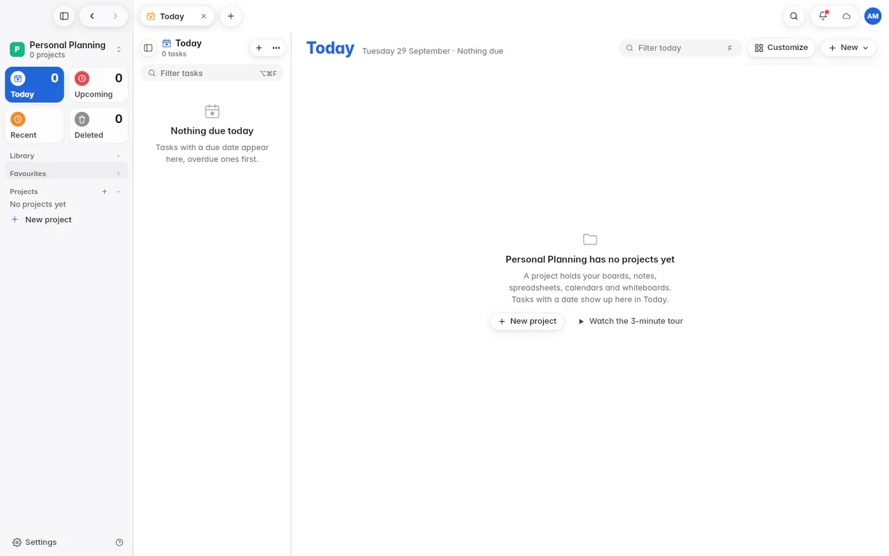 Today in a new workspace, saying it has no projects yet, with New project and Watch the tour (the web app)