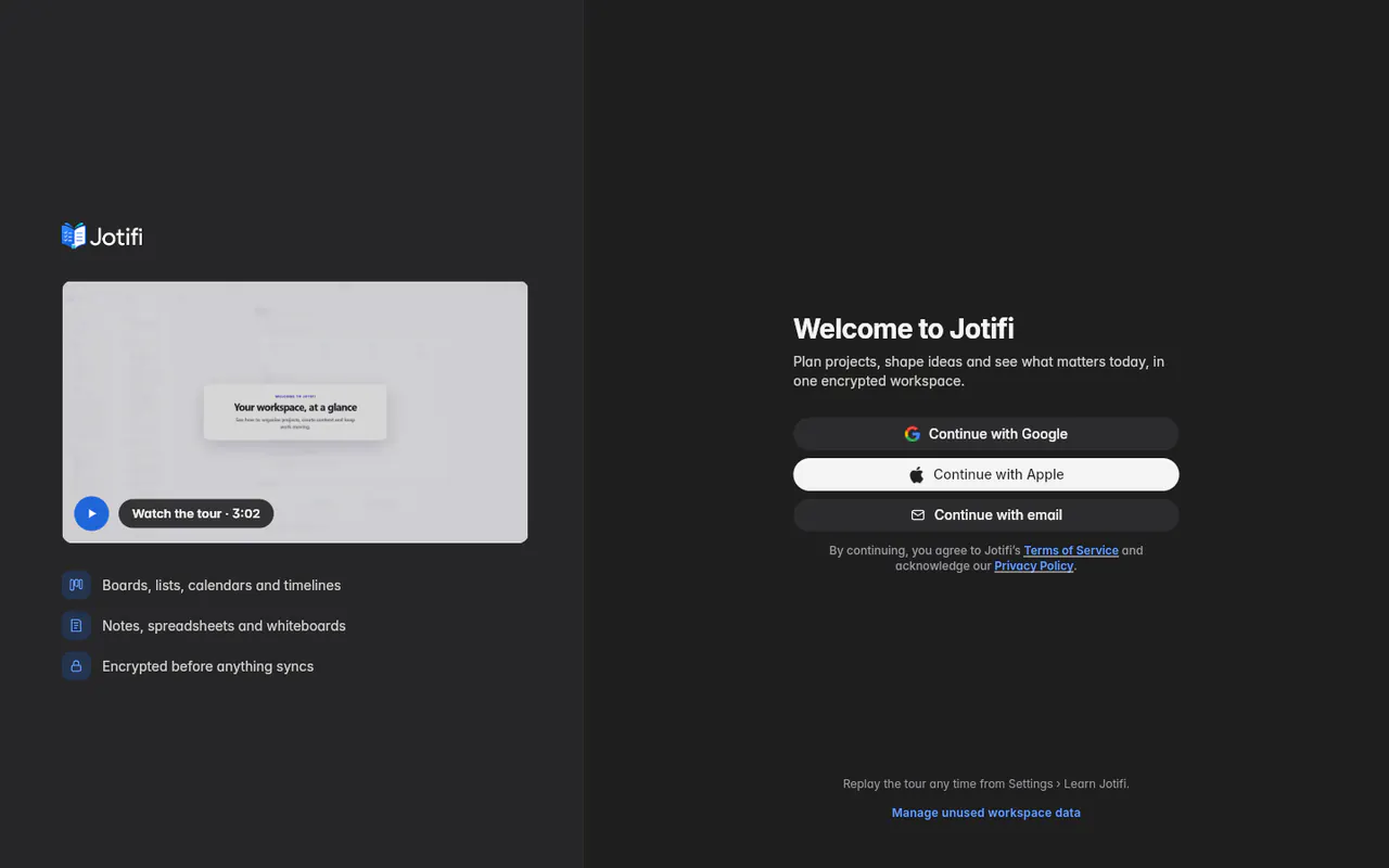 The Welcome to Jotifi screen with the tour and the Continue with Apple, Google and email buttons (the web app)