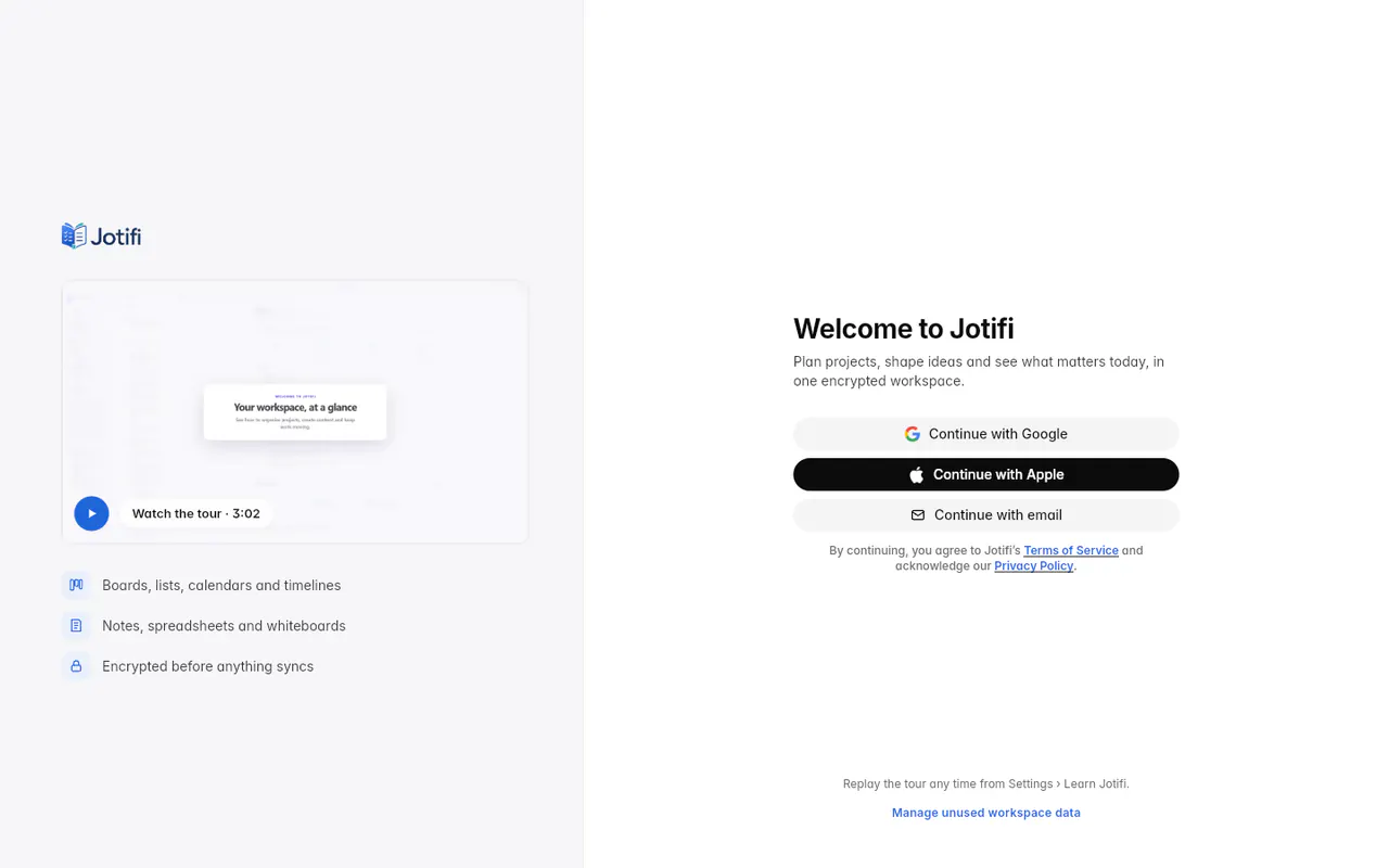 The Welcome to Jotifi screen with the tour and the Continue with Apple, Google and email buttons (the web app)