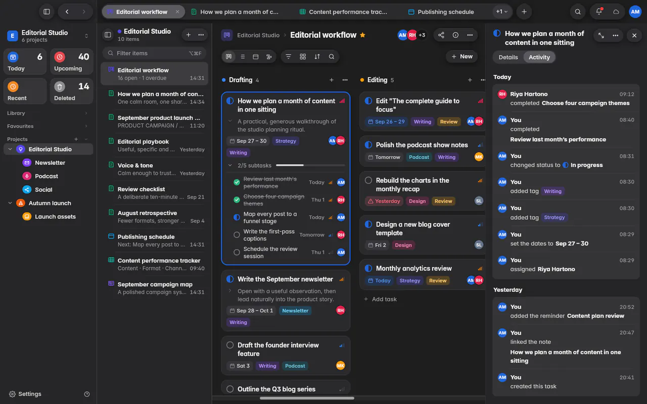 A task's Activity tab listing who completed, changed, tagged and assigned it, grouped by day (the web app)