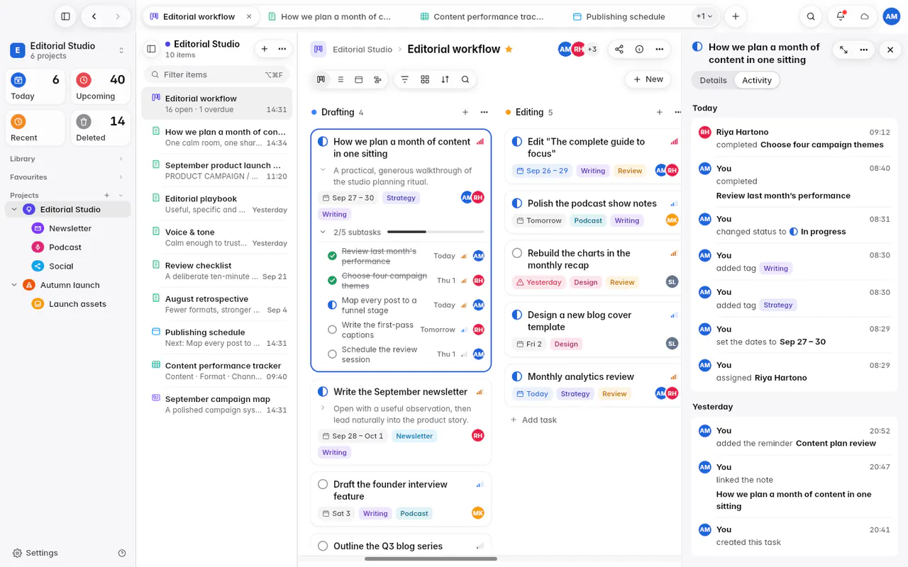 A task's Activity tab listing who completed, changed, tagged and assigned it, grouped by day (the web app)
