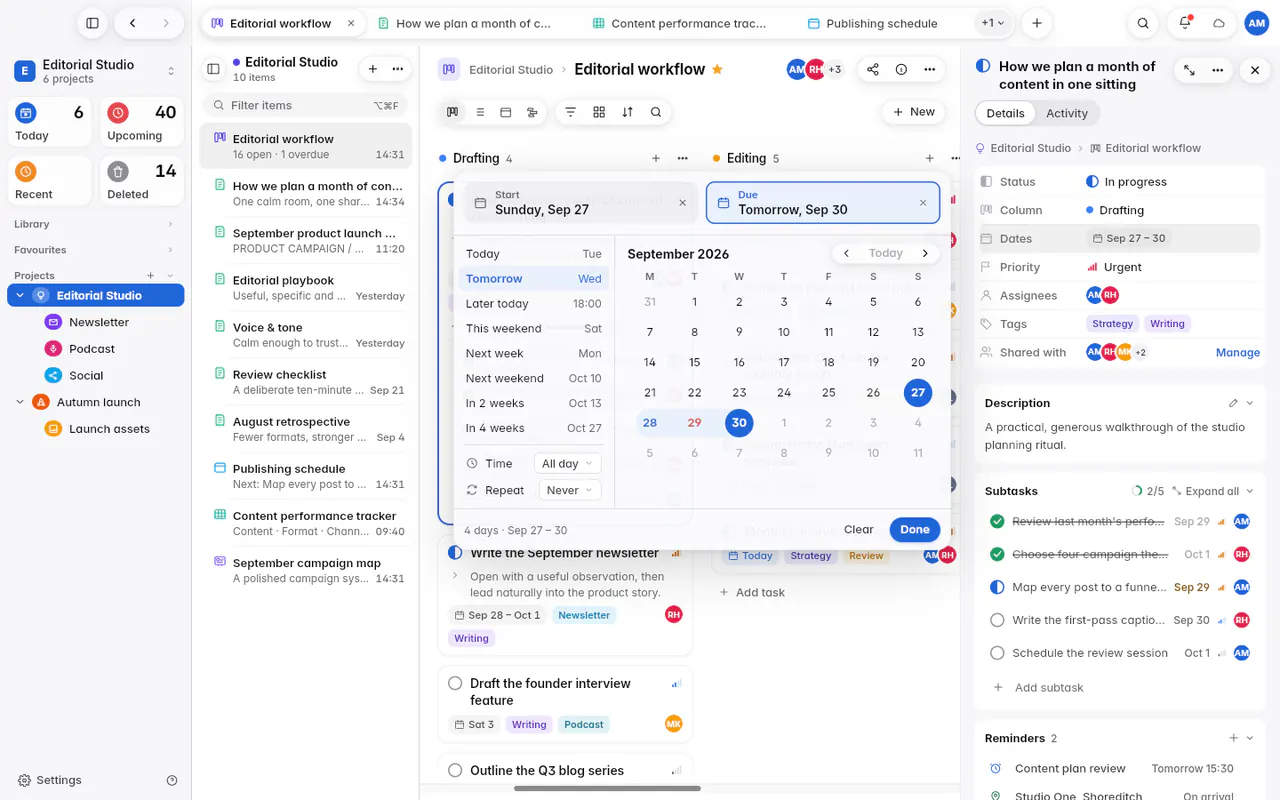 The dates picker with a start and a due date, quick choices, a month and the time and repeat settings (the web app)