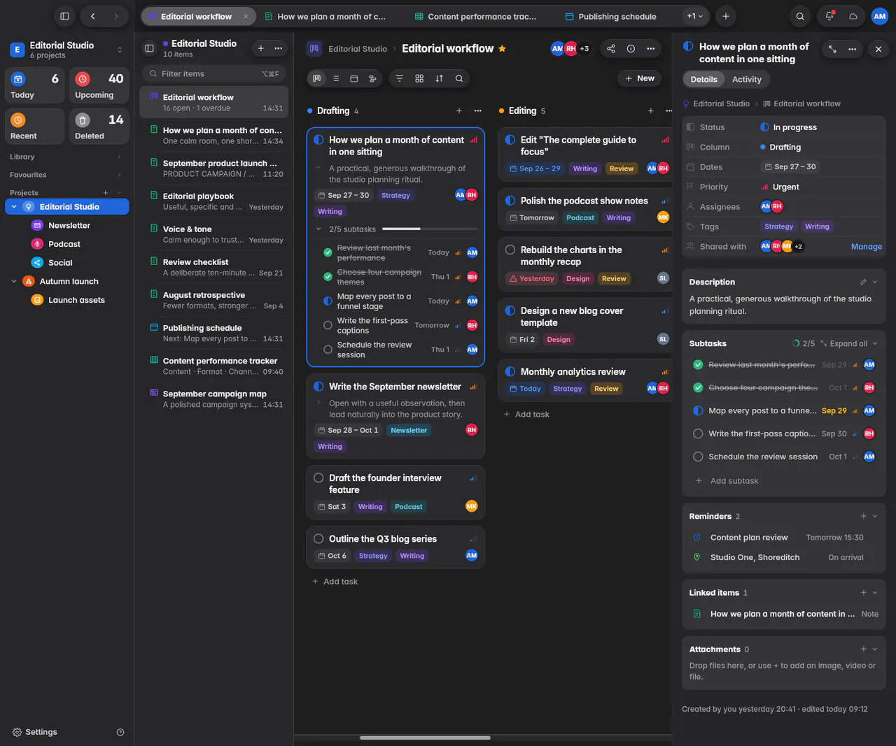 An open task with its status, column, dates, priority, people, tags, description and subtasks (the web app)