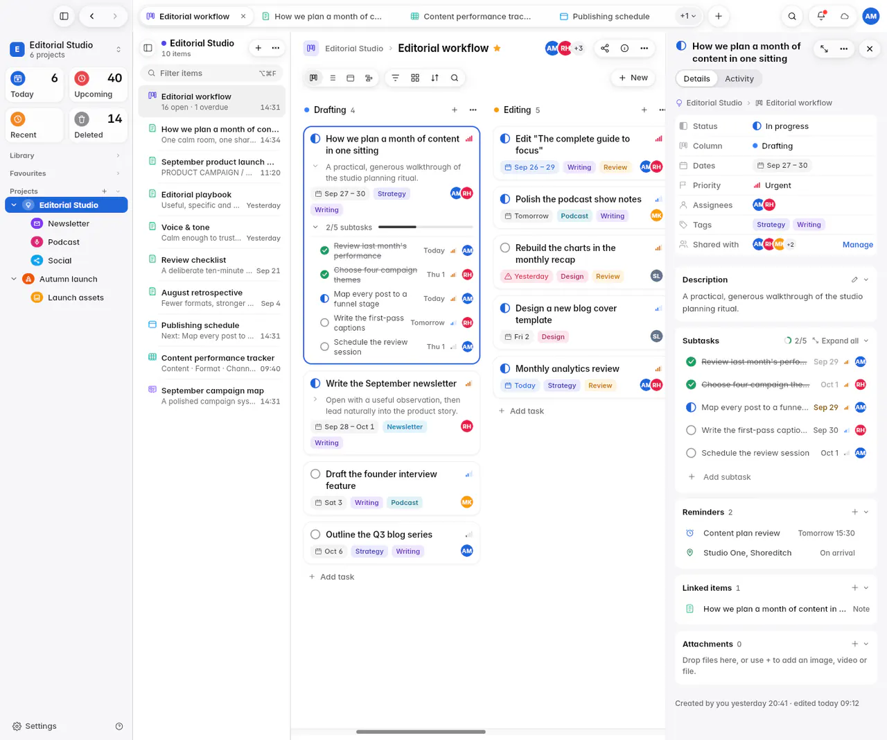 An open task with its status, column, dates, priority, people, tags, description and subtasks (the web app)