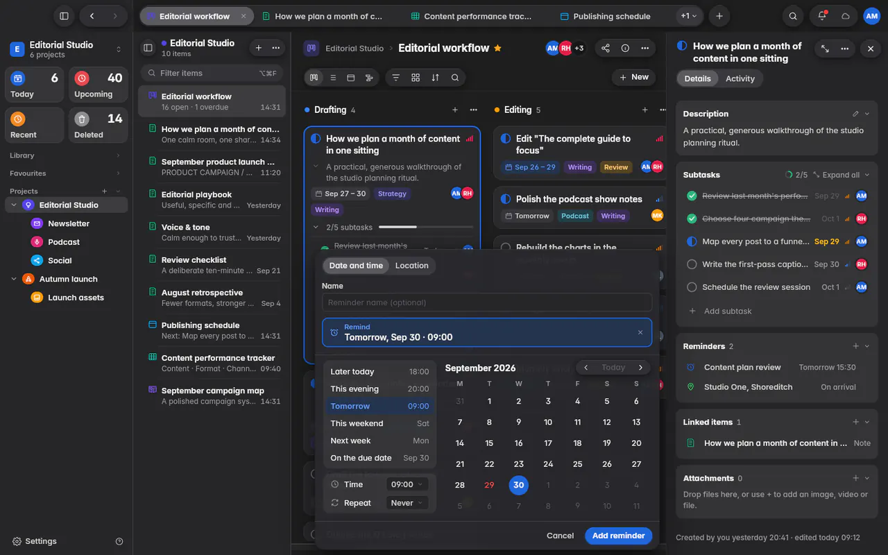 The reminder editor with Date and time selected, quick choices, a month and the time (the web app)