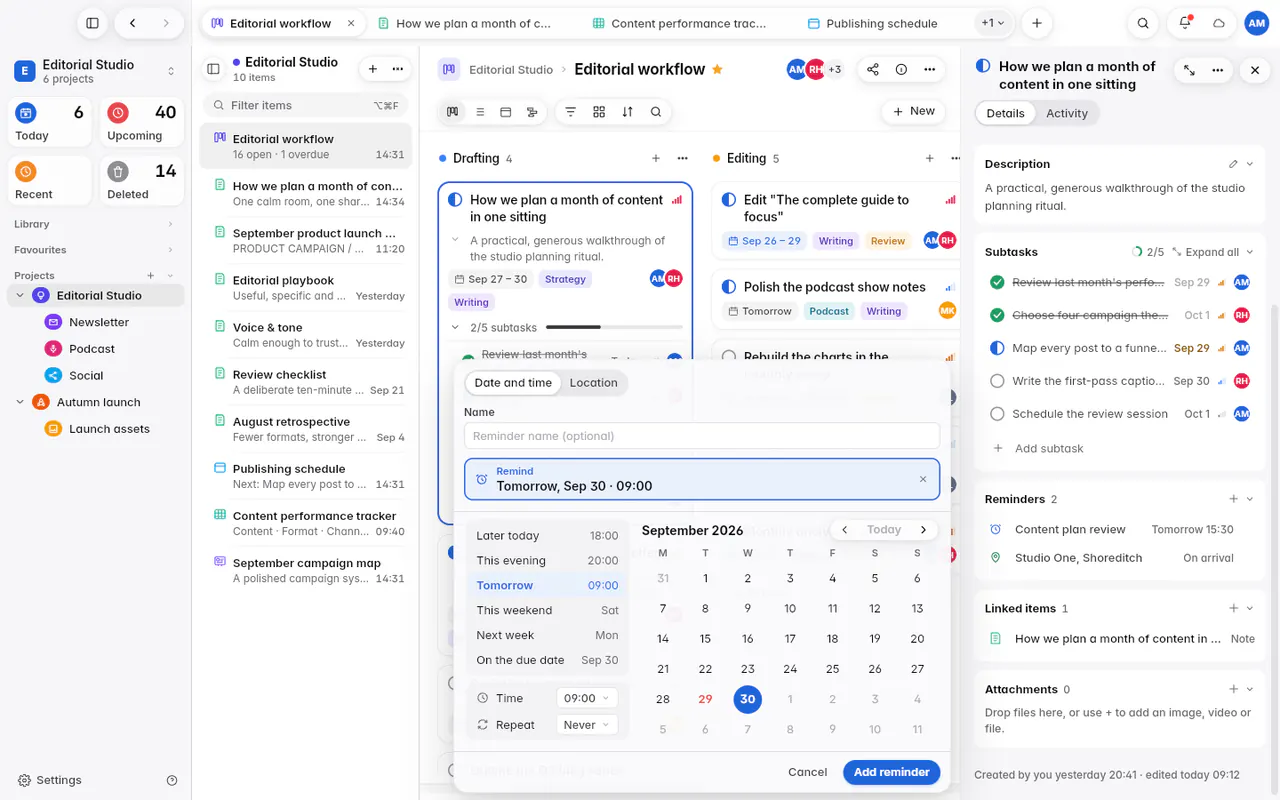 The reminder editor with Date and time selected, quick choices, a month and the time (the web app)