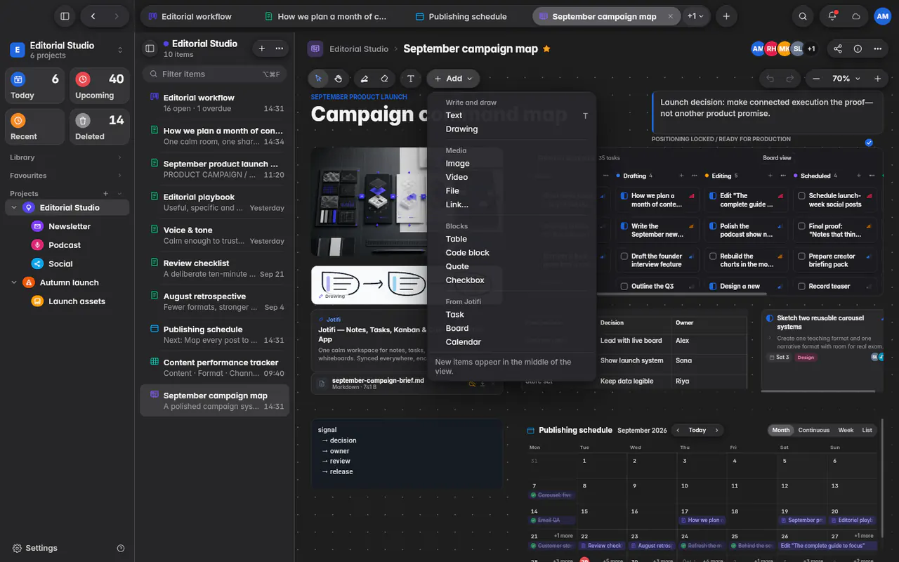 The Add menu with text and drawing, media, blocks and items from Jotifi (the web app)