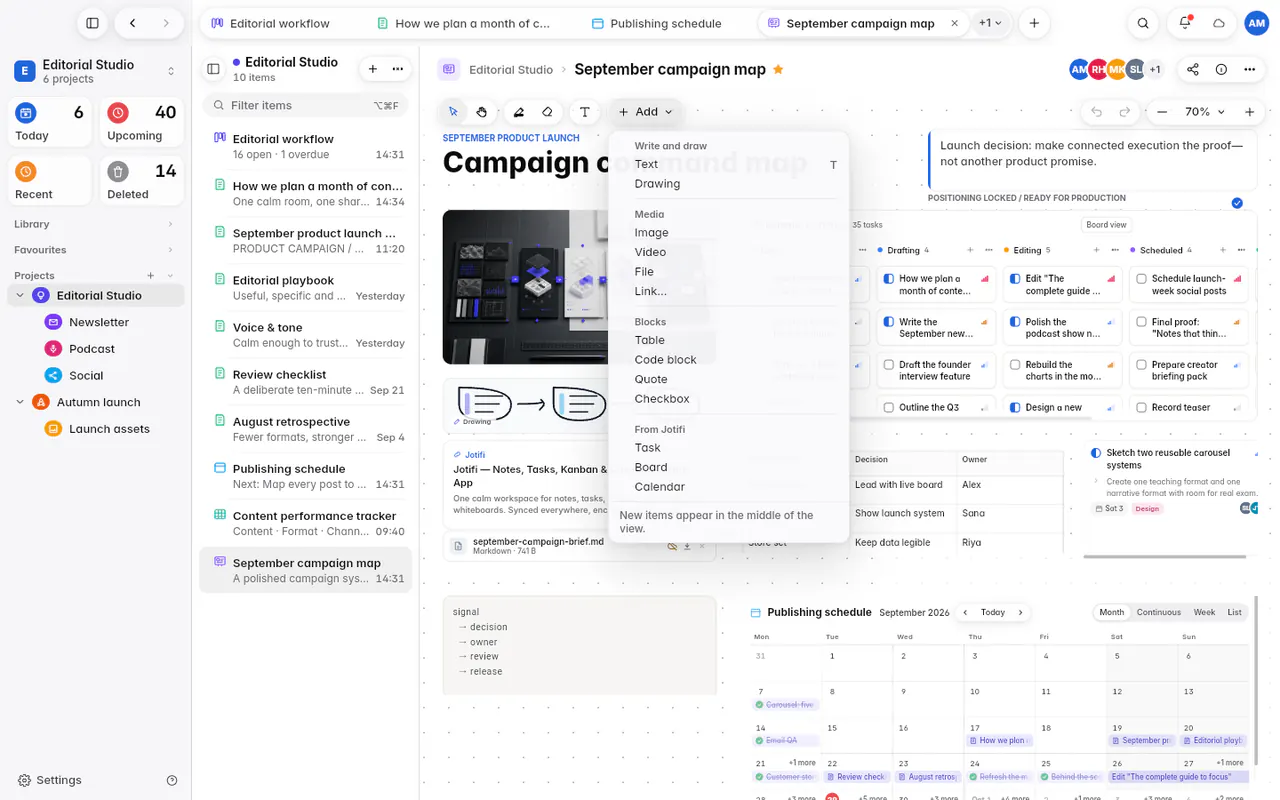 The Add menu with text and drawing, media, blocks and items from Jotifi (the web app)