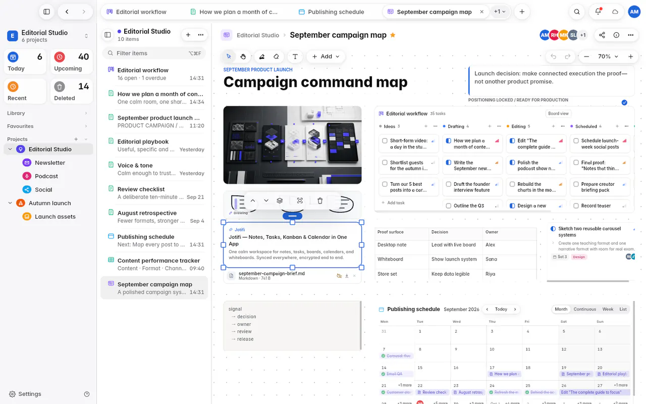 A whiteboard with a heading, an image, a drawing, a board and a calendar laid out on the canvas (the web app)