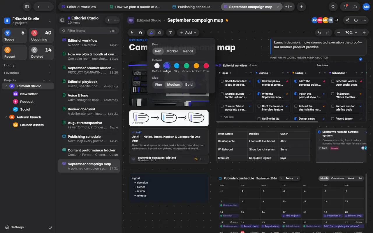 The ink options with Pen, Marker and Pencil, six colours and three sizes (the web app)