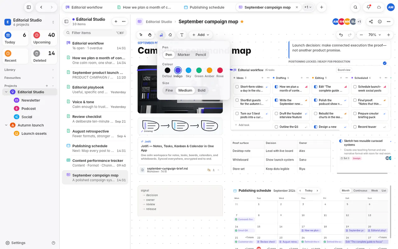 The ink options with Pen, Marker and Pencil, six colours and three sizes (the web app)