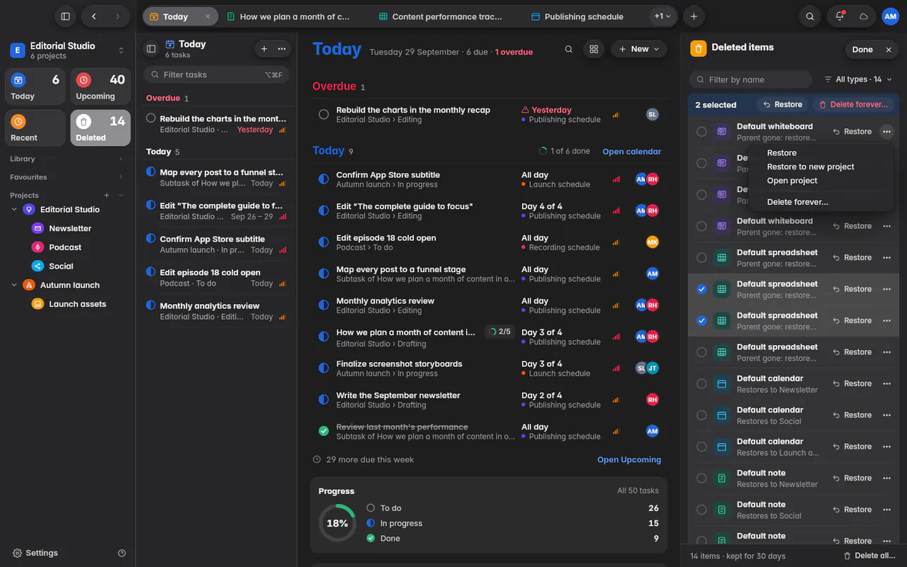 Recently deleted, grouped by type, with Restore beside each item (the web app)